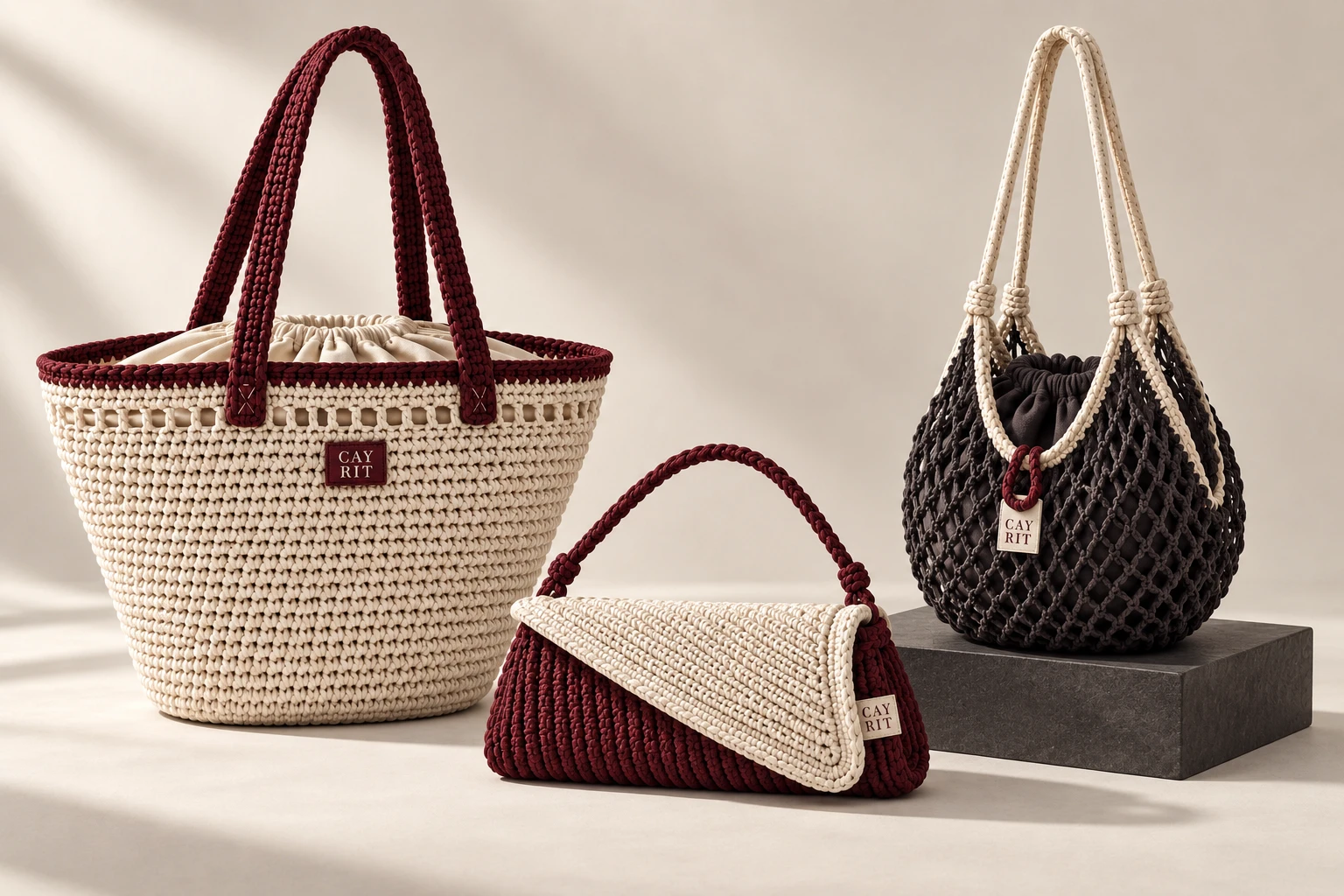 Generated crochet concept plate: The Sound basket on the left, The Ledge flap bag in the middle and The Undertow mesh bucket on the right.