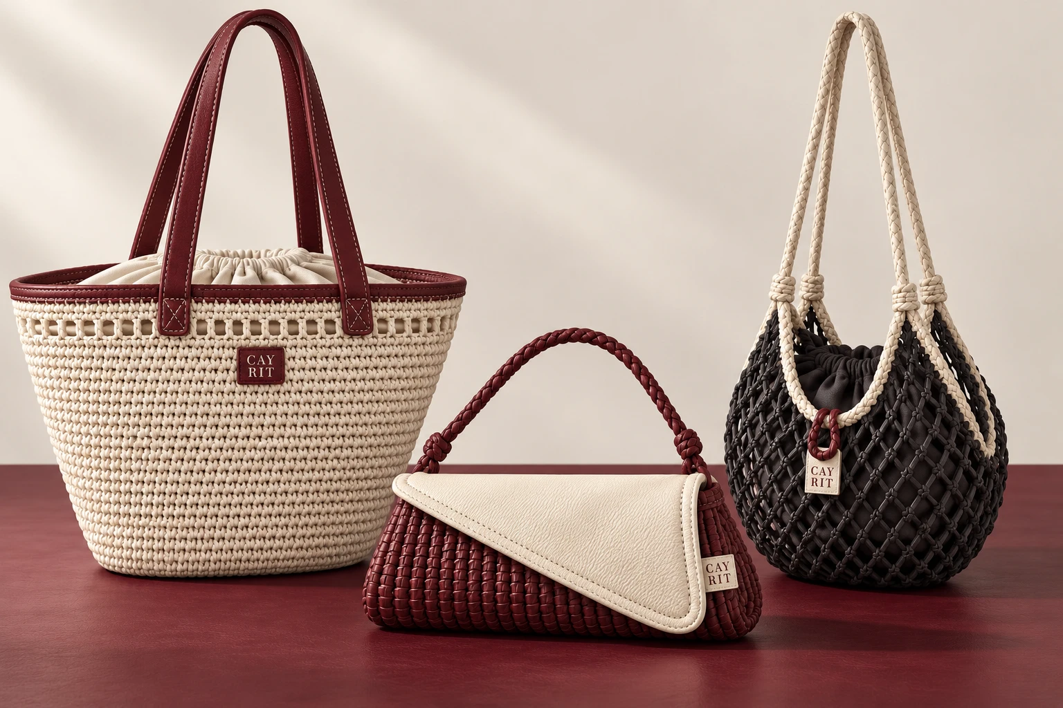 Generated leather translation study: a crochet basket with leather rim and handles on the left, a woven leather flap bag in the middle and a leather mesh bucket on the right.