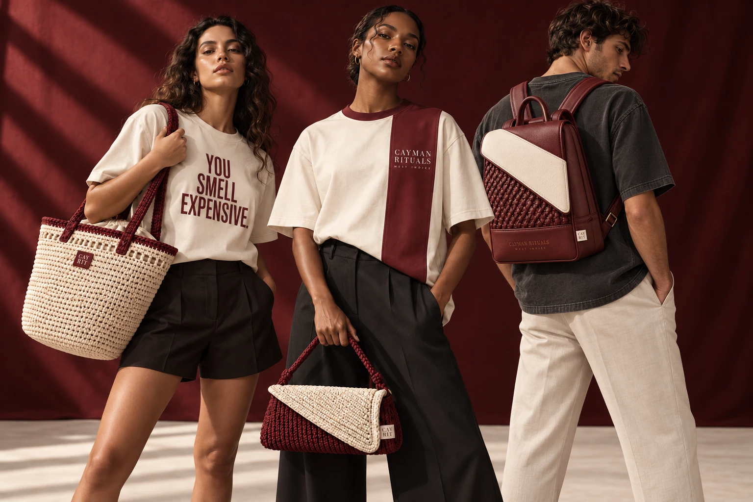 Generated house styling concept: two women with Hand Collection bags and a man wearing the original leather backpack, paired with Cayman Rituals tees.