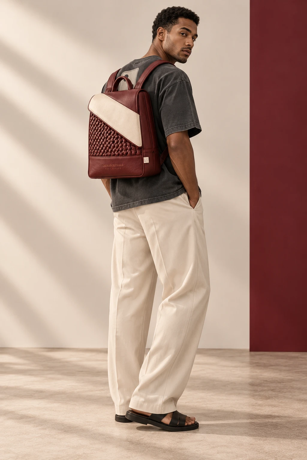 Generated male model concept wearing the Good Company. Bad Loser. domino tee and The Passage leather backpack.