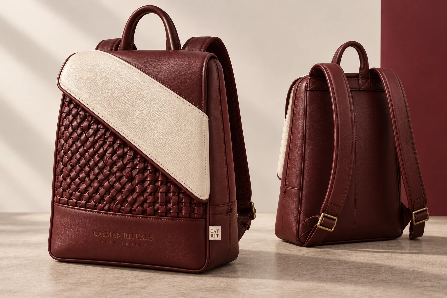 Generated original backpack concept in oxblood leather, with a folded asymmetric bone panel, woven leather front and a restrained CAY/RIT label.
