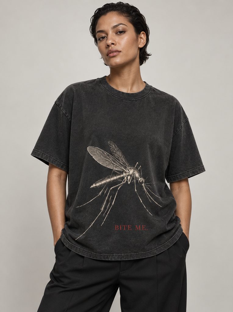 Studio render: a woman in a washed charcoal T-shirt printed with an engraved mosquito and the words Bite me.